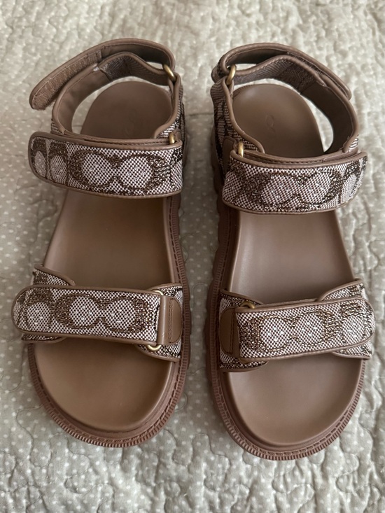 Coach Shoes - Coach Tan Logo Velcro Strap Sandals Brynn Sandalin Crystal Signature Tan 8.5B